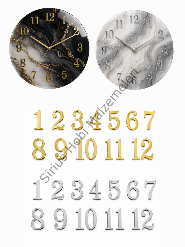 Epoksi Yapışkanlı Pleksi Saat Sayıları 12’li Set | 3 cm ve 4 cm Dekoratif Duvar Saati Rakamları