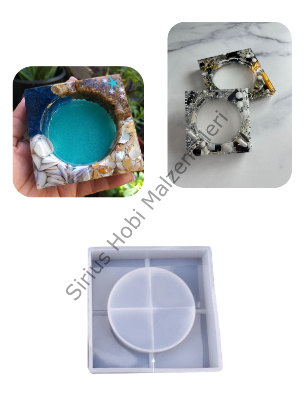 Epoksi & Alçı Kül Tablası Silikon Kalıbı – Kare Çerçeveli Yuvarlak İç Hazneli