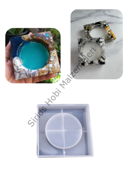 Epoksi & Alçı Kül Tablası Silikon Kalıbı – Kare Çerçeveli Yuvarlak İç Hazneli