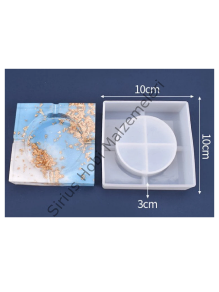 Epoksi & Alçı Kül Tablası Silikon Kalıbı – Kare Çerçeveli Yuvarlak İç Hazneli