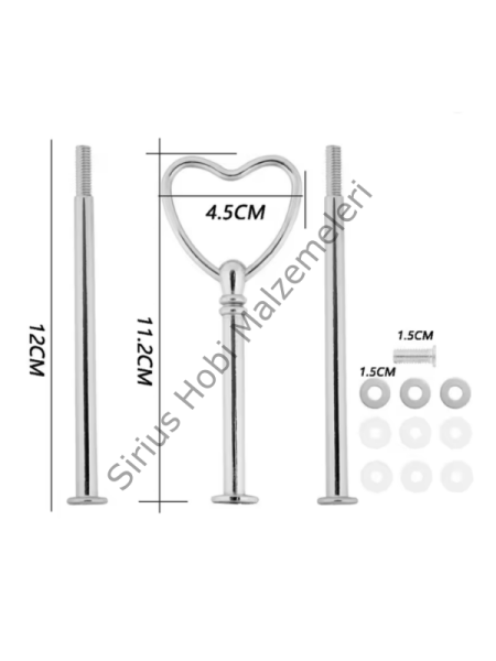 Kalp Model Gümüş 3 Katlı Epoksi Sunumluk Aparatı – Metal Stand Seti