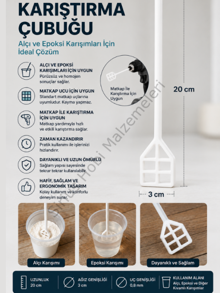 Alçı ve Epoksi Karıştırma Aparatı | Şarjlı Matkap Uyumlu Plastik Mikser 20 cm
