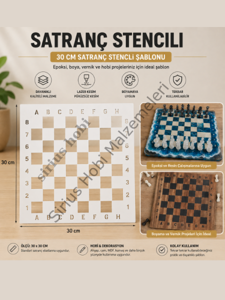 30 cm Satranç Stencil Şablonu | Epoksi Satranç Tahtası Yapımı İçin Kare Yerleşim Şablonu