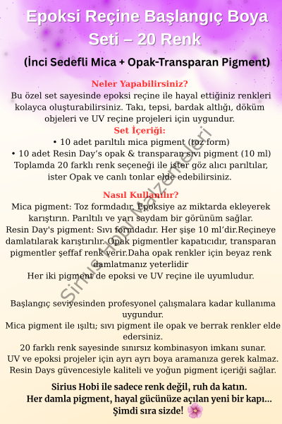 Epoksi Reçine Başlangıç Boya Seti – 20 Renk (İnci Sedefli Mica + Opak-Transparan Pigment)
