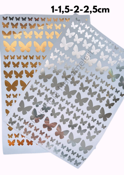 Epoksi Reçine Paketleme Gold -Silver Varak Kelebek Folyo Sticker 1-2,5cm arası A4 Boyutundadır