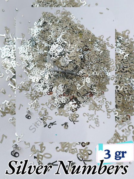 Epoksi- Mum-Makyaj-Tırnak-Sabun Simi Pulu  Silver Letters Sayılar 3 gr