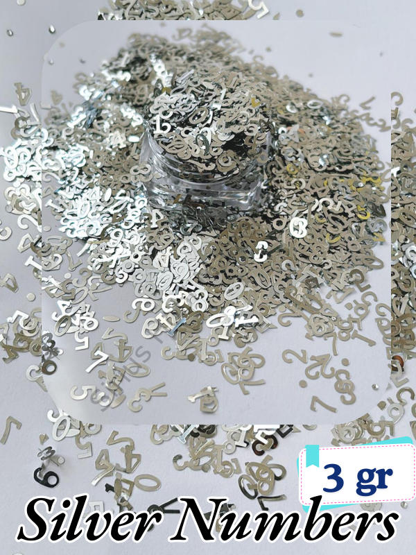 Epoksi- Mum-Makyaj-Tırnak-Sabun Simi Pulu  Silver Letters Sayılar 3 gr