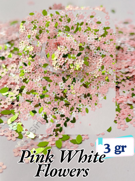 Epoksi- Mum-Makyaj-Tırnak-Sabun Simi Pulu  Pink  White Flowers 3 gr