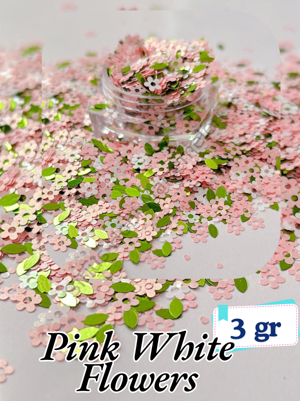 Epoksi- Mum-Makyaj-Tırnak-Sabun Simi Pulu  Pink  White Flowers 3 gr