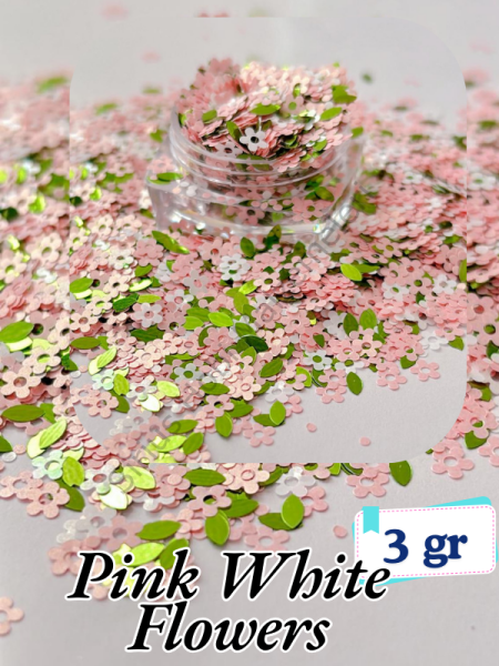 Epoksi- Mum-Makyaj-Tırnak-Sabun Simi Pulu  Pink  White Flowers 3 gr