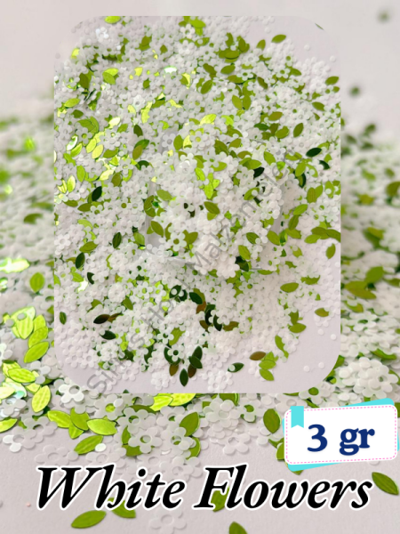 Epoksi- Mum-Makyaj-Tırnak-Sabun Simi Pulu White Flowers 3 gr