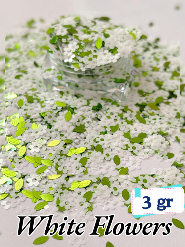 Epoksi- Mum-Makyaj-Tırnak-Sabun Simi Pulu White Flowers 3 gr