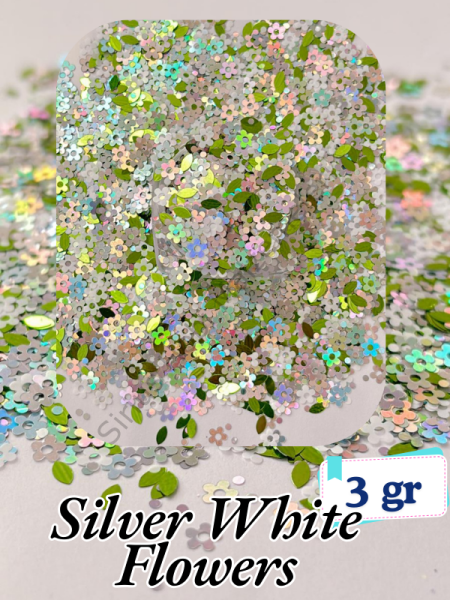 Epoksi- Mum-Makyaj-Tırnak-Sabun Simi Pulu Silver White Flowers 3 gr