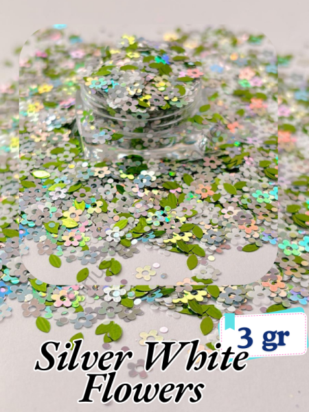 Epoksi- Mum-Makyaj-Tırnak-Sabun Simi Pulu Silver White Flowers 3 gr