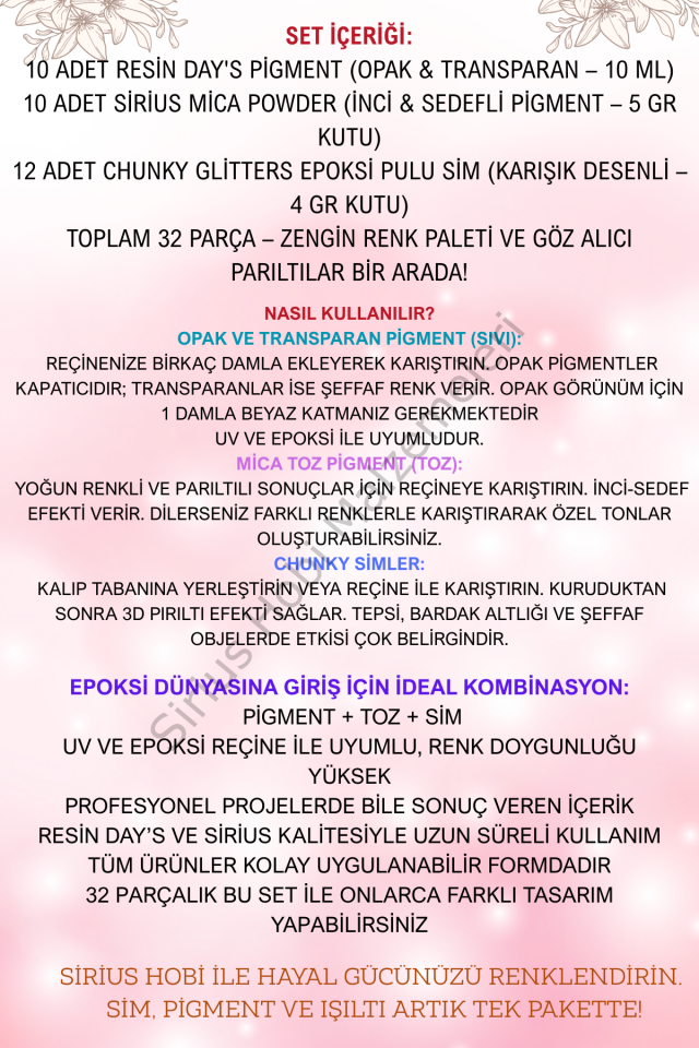 Epoksi Reçine Başlangıç Seti – 32 Parça Renkli Pigment + Mica Toz + Parıltılı Sim Seti | UV ve Epoksi Uyumlu