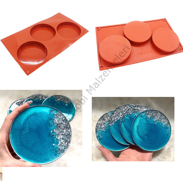 Epoksi Bardak Altlığı Silikon Kalıbı – 3’lü Yuvarlak, Ø10 cm (1.9 cm Derinlik)