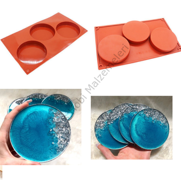 Epoksi Bardak Altlığı Silikon Kalıbı – 3’lü Yuvarlak, Ø10 cm (1.9 cm Derinlik)