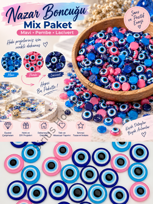 Yarım Nazar Boncuğu Mix 10 Gr – 8 mm ve 10 mm Epoksi Süsleme Boncuğu