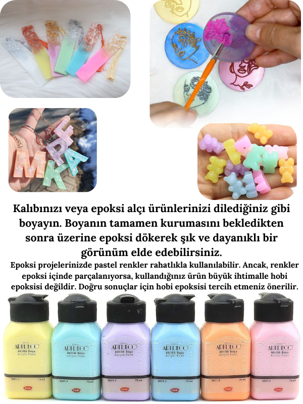 Epoksi Alçı Pastel Renkler Kalıp Boyama Çok Amaçlı Boya Seti 6x75 ml