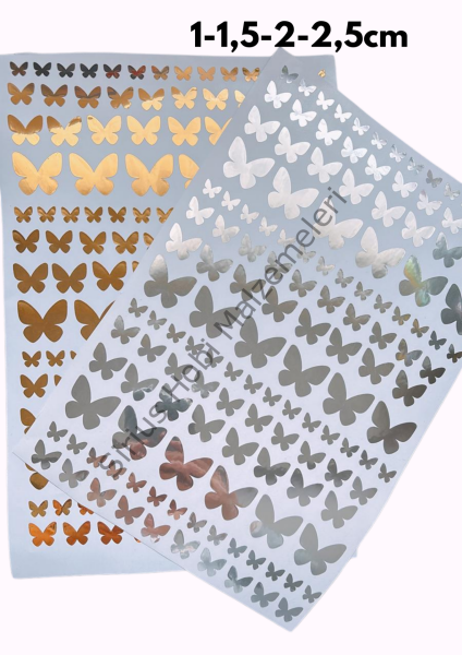 Epoksi Reçine Paketleme Gold -Silver Varak Kelebek Folyo Sticker 1-2,5cm arası A4 Boyutundadır