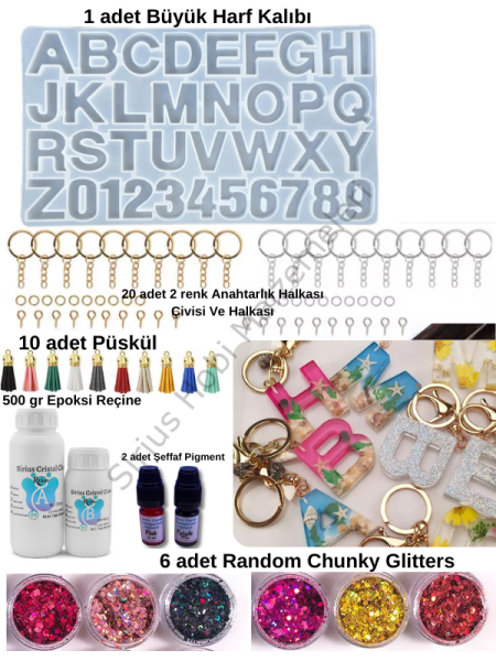 Epoksi Anahtarlık Harf Kalıbı Başlangıc Seti Düz Harf Kalıbı 500 gr epoksi ile