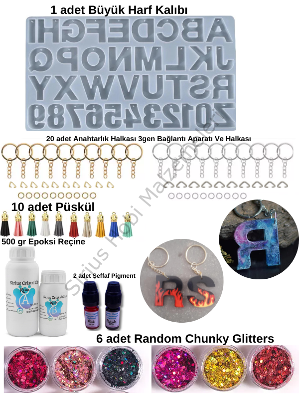 Epoksi Anahtarlık Harf Kalıbı Başlangıc Seti Ters Delikli Harf Kalıbı 500 gr epoksi ile