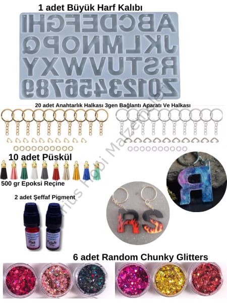 Epoksi Anahtarlık Harf Kalıbı Başlangıc Seti Ters Delikli Harf Kalıbı 500 gr epoksi ile