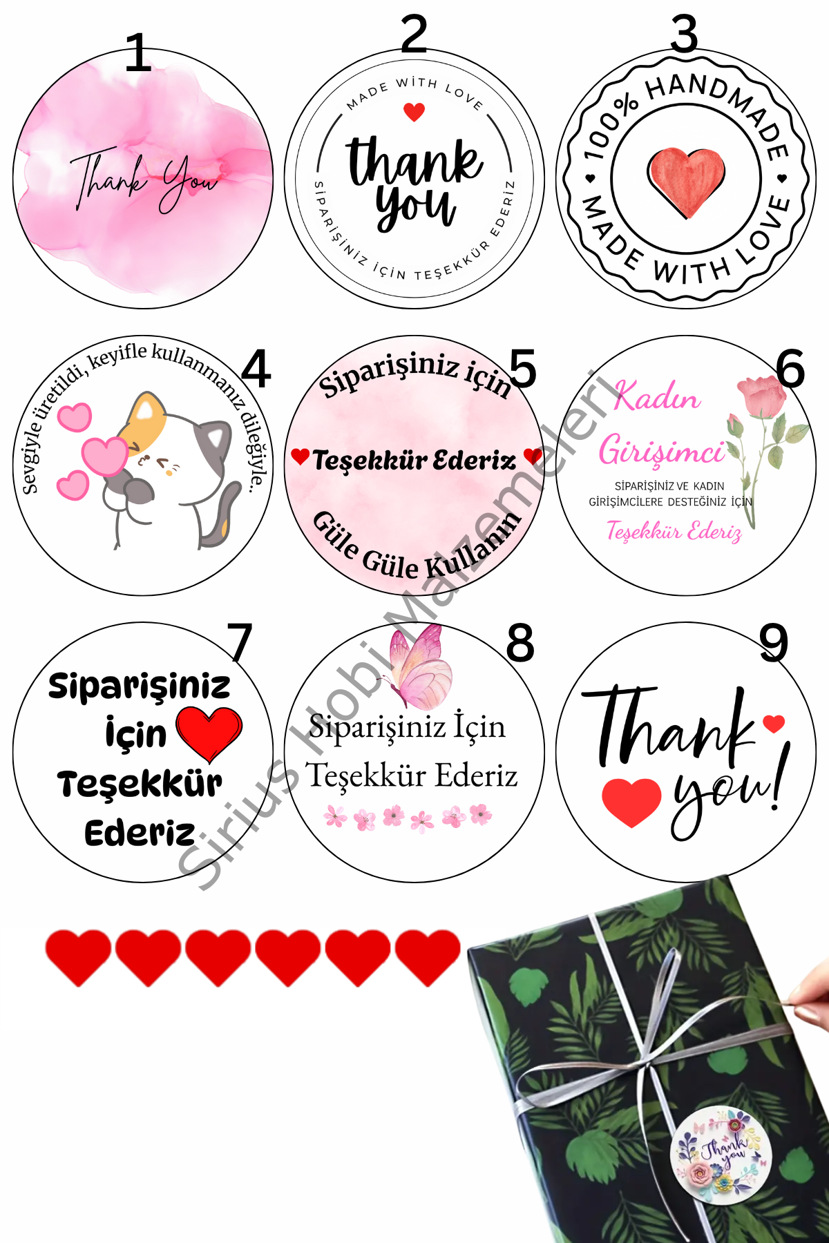3 cm Sticker Teşekkür Etiketi 35 adet + 6 adet 2,5cm Kalp Sticker