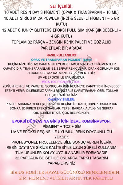 Epoksi Reçine Başlangıç Seti – 32 Parça Renkli Pigment + Mica Toz + Parıltılı Sim Seti | UV ve Epoksi Uyumlu