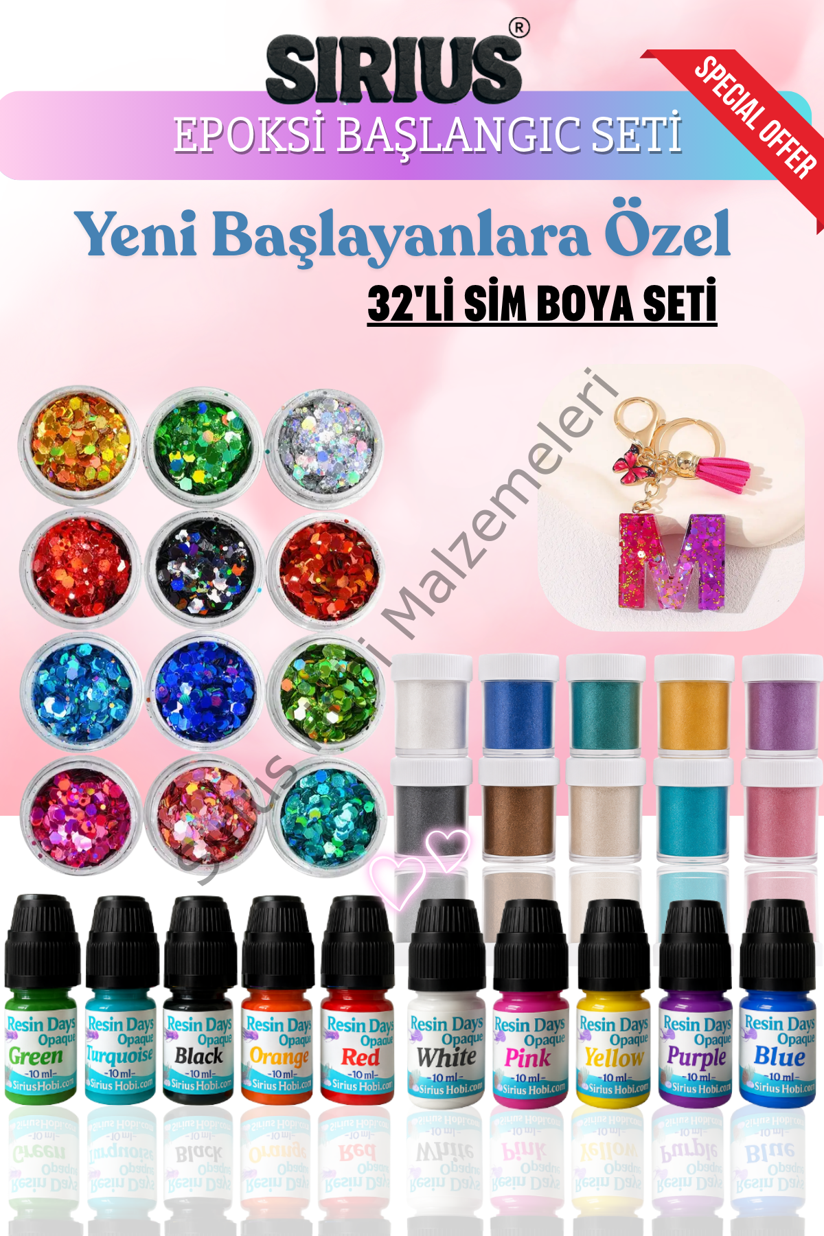 Epoksi Reçine Başlangıç Seti – 32 Parça Renkli Pigment + Mica Toz + Parıltılı Sim Seti | UV ve Epoksi Uyumlu
