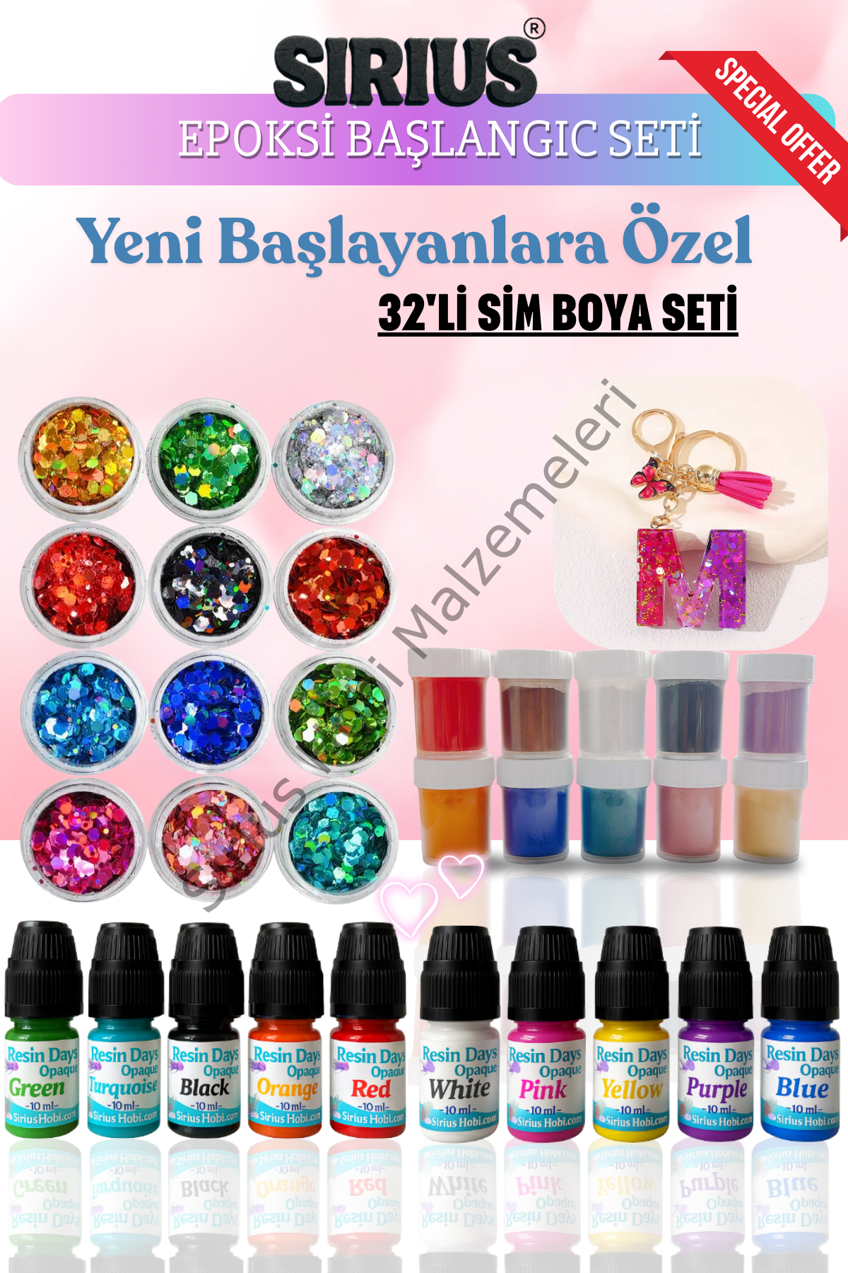 Epoksi Reçine Başlangıç Seti – 32 Parça Renkli Pigment + Mica Toz + Parıltılı Sim Seti | UV ve Epoksi Uyumlu