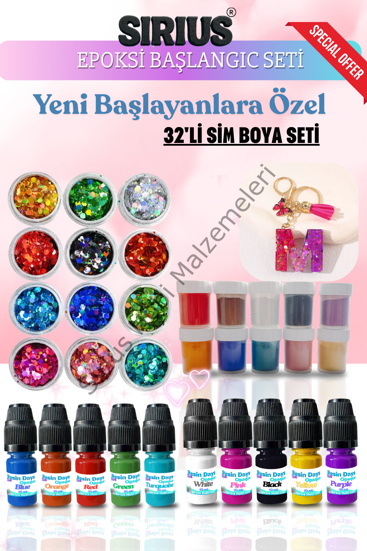 Epoksi Reçine Başlangıç Seti – 32 Parça Renkli Pigment + Mica Toz + Parıltılı Sim Seti | UV ve Epoksi Uyumlu