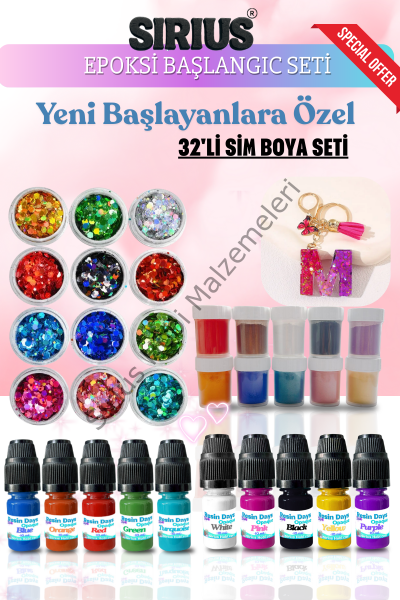 Epoksi Reçine Başlangıç Seti – 32 Parça Renkli Pigment + Mica Toz + Parıltılı Sim Seti | UV ve Epoksi Uyumlu