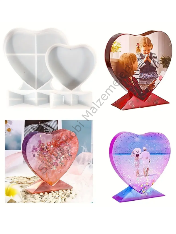 Kalp Tasarım Fotoğraflık Silikon Kalıp – Epoksi/Alçı, Standlı (10×10 & 15×15 cm)