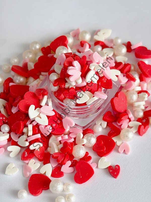 Epoksi Polimer Kil Süslemeler (Fimo Dilimleri) İncili Kalpler 4gr