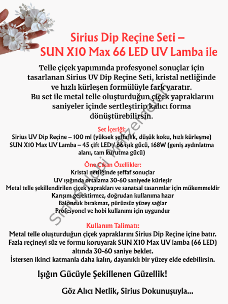 Sirius Dip Reçine 100 ml + 168W UV Lamba Seti – Tel Çiçek ve Şeffaf Kaplama İçin
